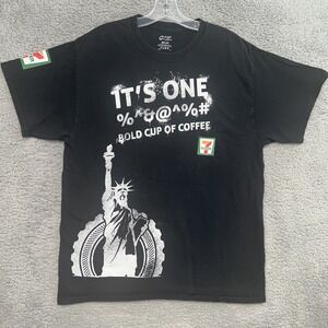 7 Eleven Statue of Liberty T Shirt Size L Black Faded Tee Bold Cup of Coffee NYC